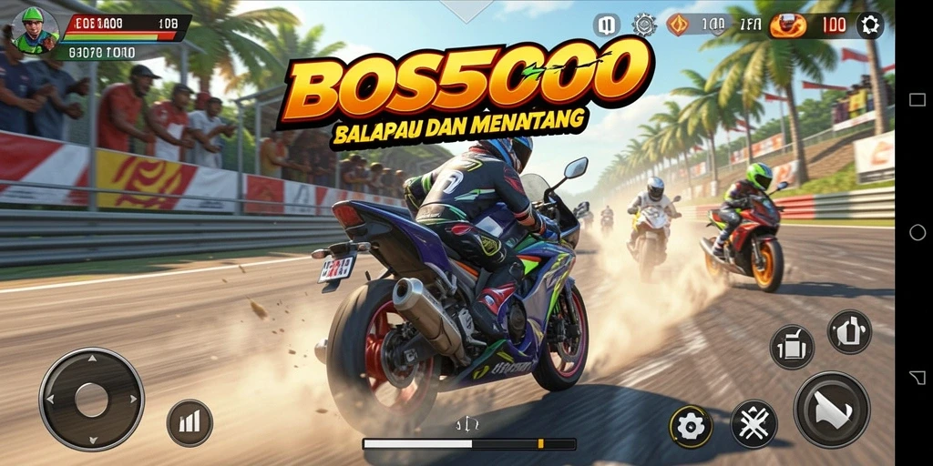 Screenshot gameplay seru di BOS5000 menunjukkan balapan motor yang mendebarkan.